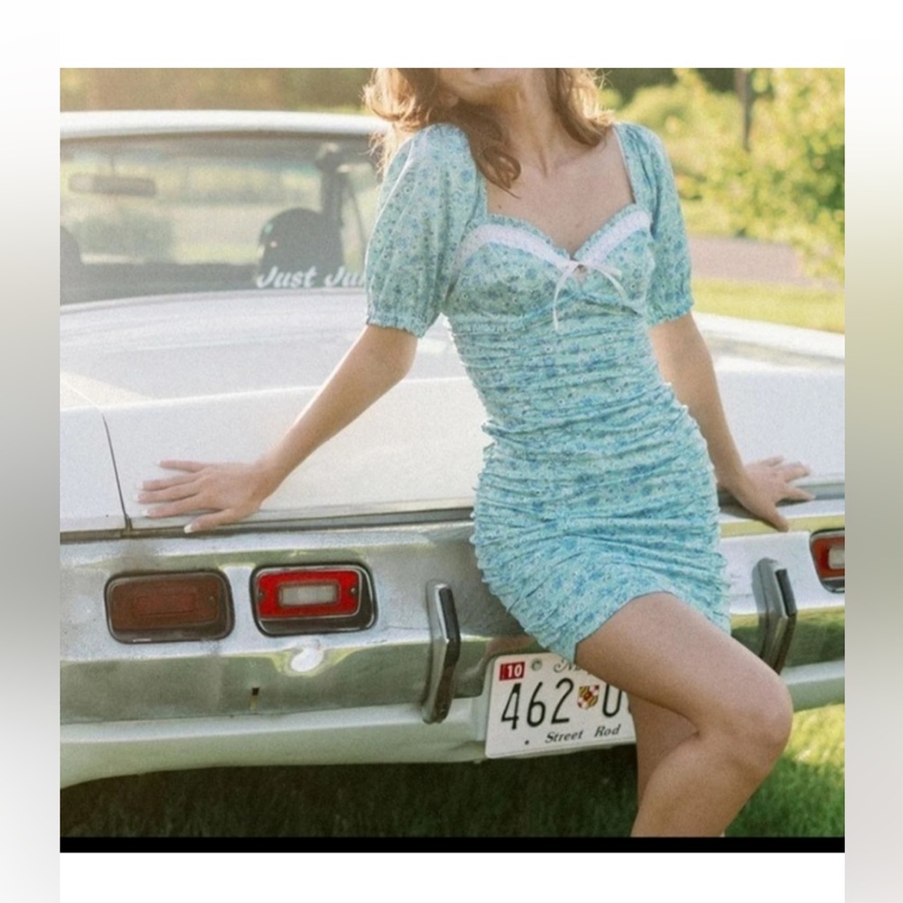 NEW For Love and Lemons Ruched Coquette Girl Spring Blue Babydoll Dress sz S